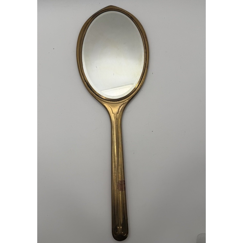 Antique Gold Tone Hand Mirror Beveled Glass Engraved Floral Monogram Vanity